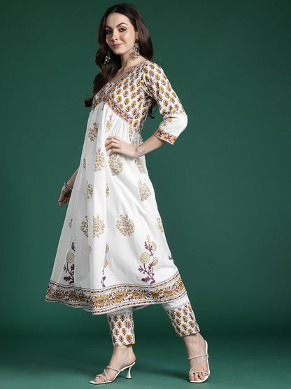 Dhiyona IE Floral Printed Empire Pure Cotton Kurta with Trousers & With Dupatta