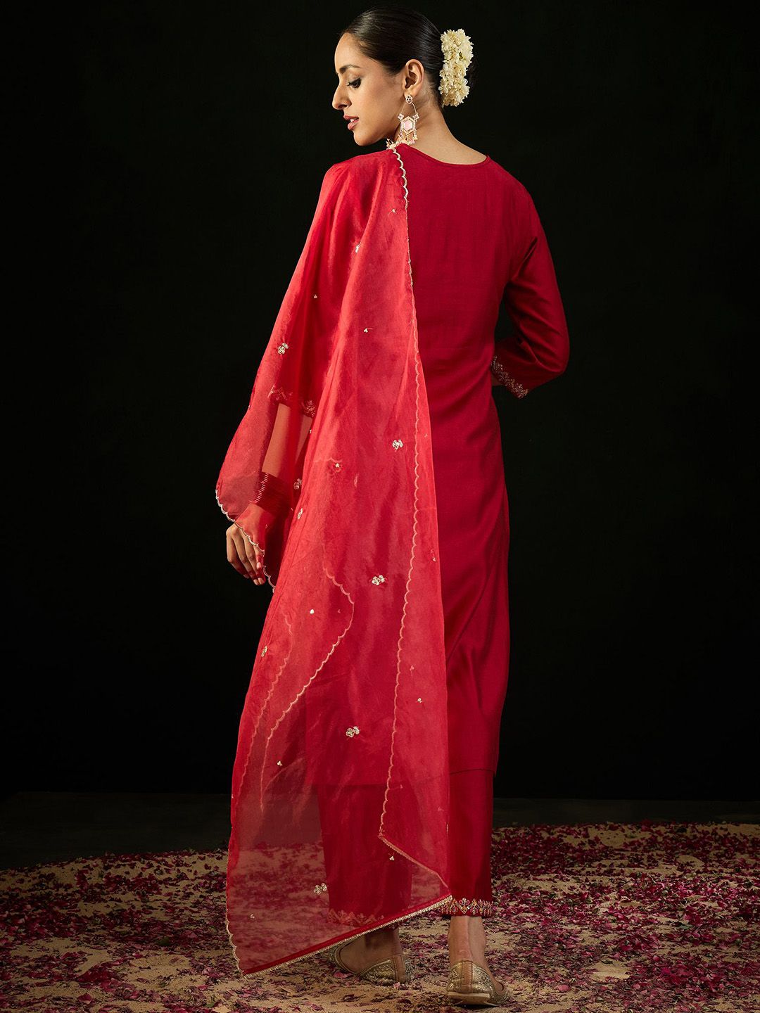 Floral Yoke Design Sequnnied Straight Kurta With Trousers & Dupatta