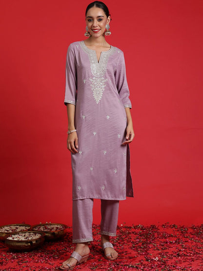 Dhiyona IE Embroidered Sequinned Straight Kurta with Trousers & Dupatta