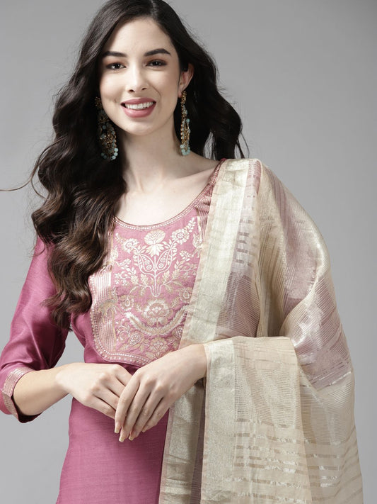 Dhiyona IE Women Pink Yoke Design Regular Kurta with Palazzos & Dupatta