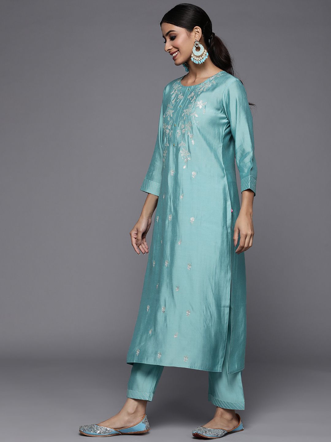 Dhiyona VA Women's Blue Ethnic Motifs Embroidered Sequinned Kurta with Trousers & With Dupatta