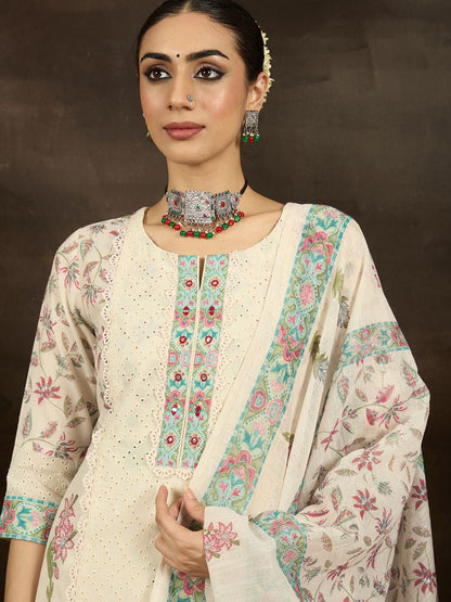 Dhiyona IE Floral Printed Notch Neck Mirror Work Straight Kurta With Trousers & Dupatta