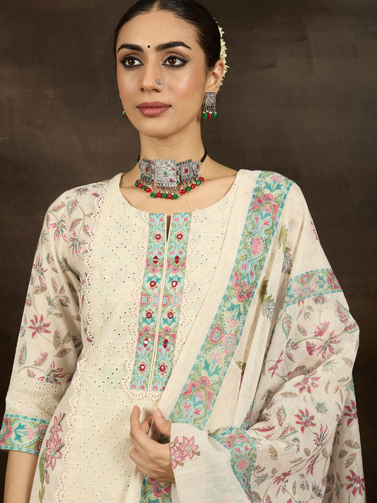 Dhiyona IE Floral Printed Notch Neck Mirror Work Straight Kurta With Trousers & Dupatta