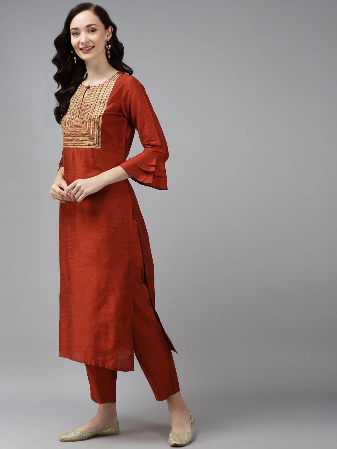 Dhiyona IE Women Orange Floral Embroidered Regular Chanderi Silk Kurta with Palazzos