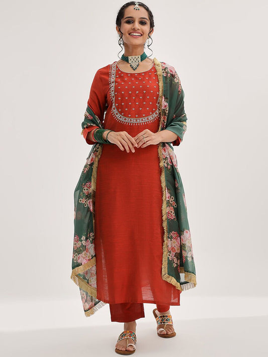 Dhiyona VA Women'sYoke Design Ethnic Motifs Straight Kurta & Trousers With Dupatta