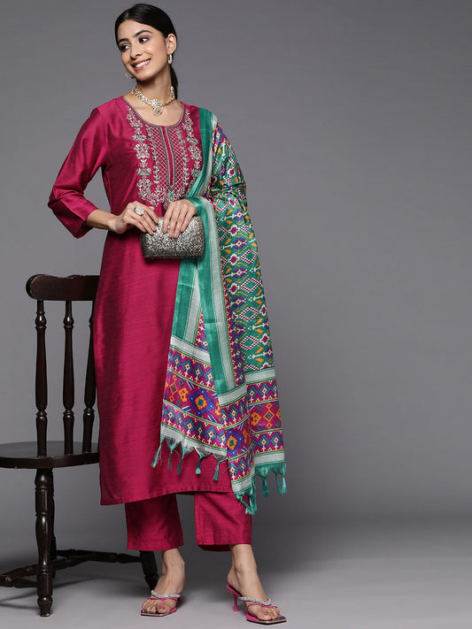 Dhiyona VA Women'sEthnic Motifs Embroidered Dupion Silk Kurta With Trousers & With Dupatta