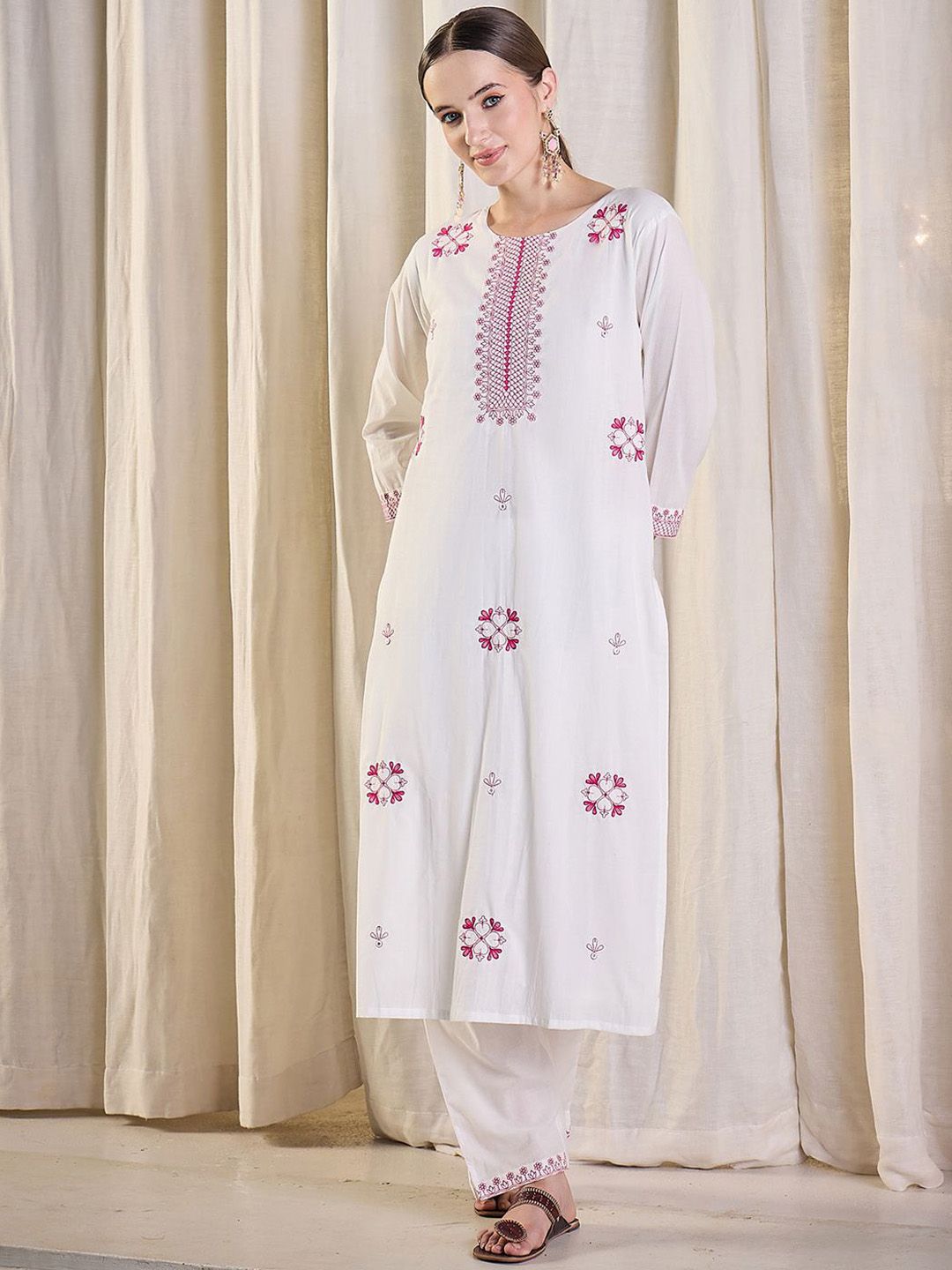 Women Ethnic Motifs Embroidered Cotton Kurta with Trousers & Dupatta