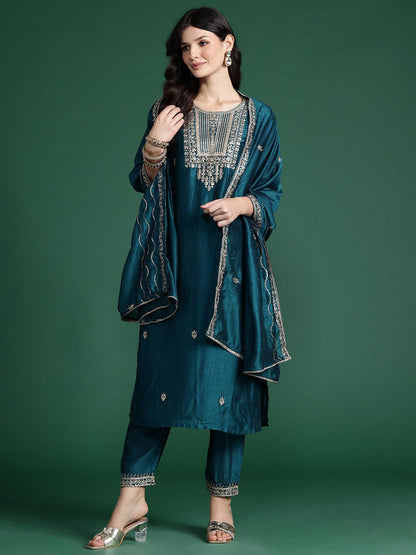 Women Ethnic Motifs Yoke Design Regular Kurta With Trousers & Dupatta