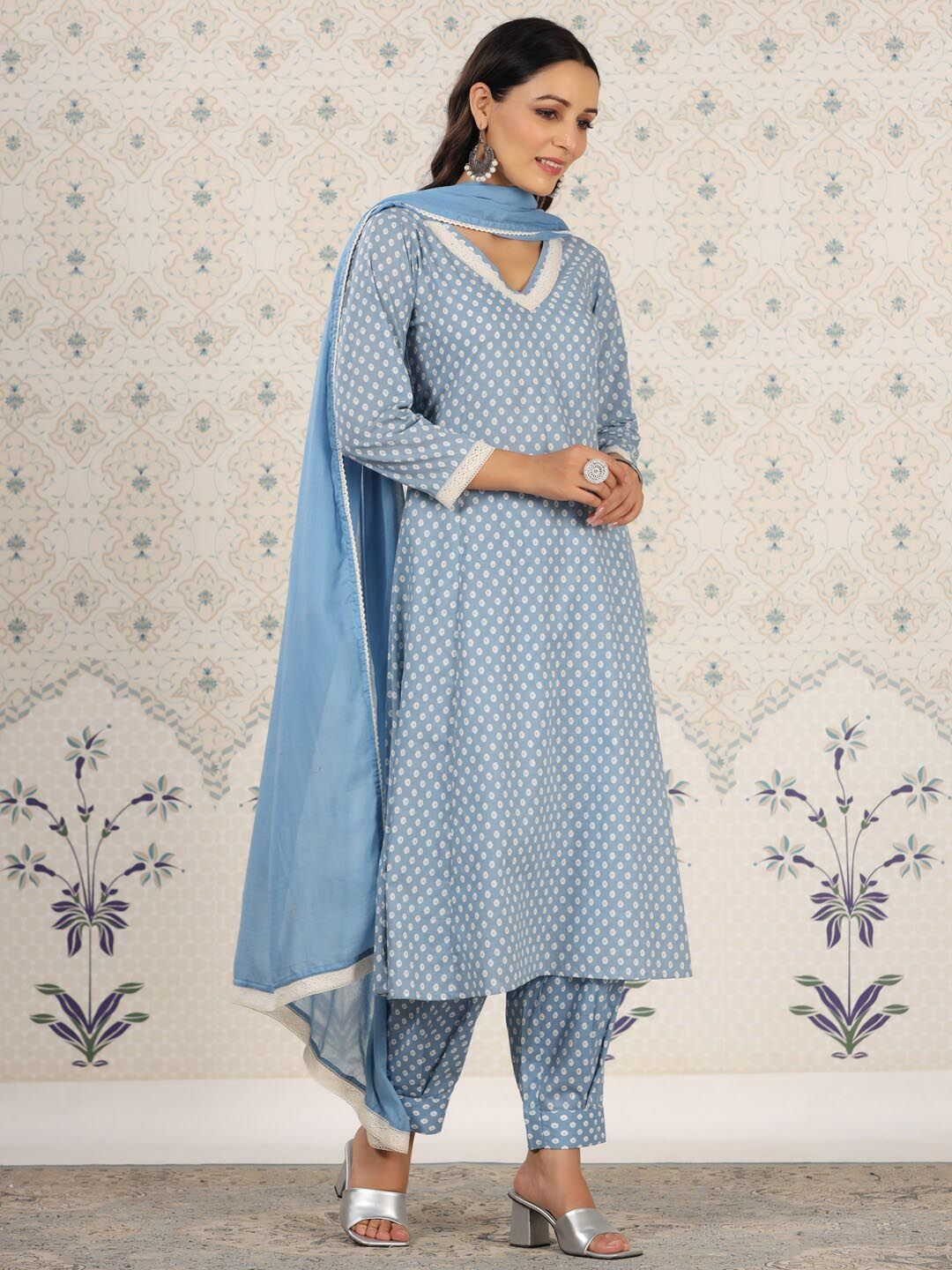 Dhiyona OD  Floral Printed Pure Cotton A-Line Kurta & Trousers With Dupatta