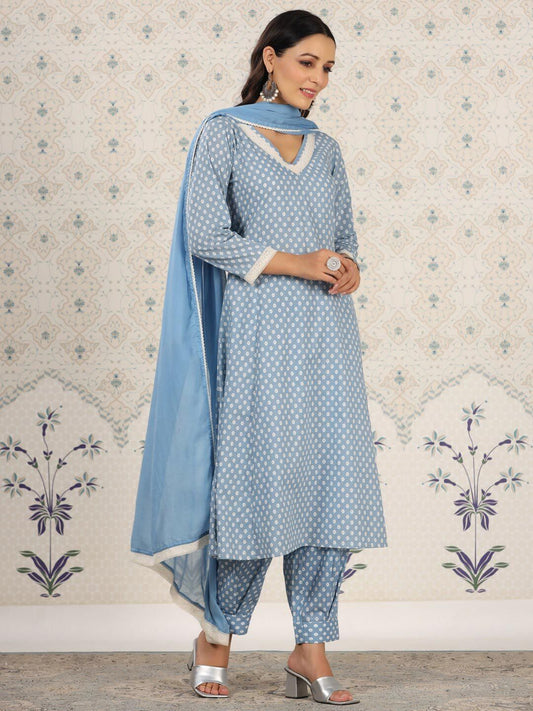 Dhiyona OD  Floral Printed Pure Cotton A-Line Kurta & Trousers With Dupatta