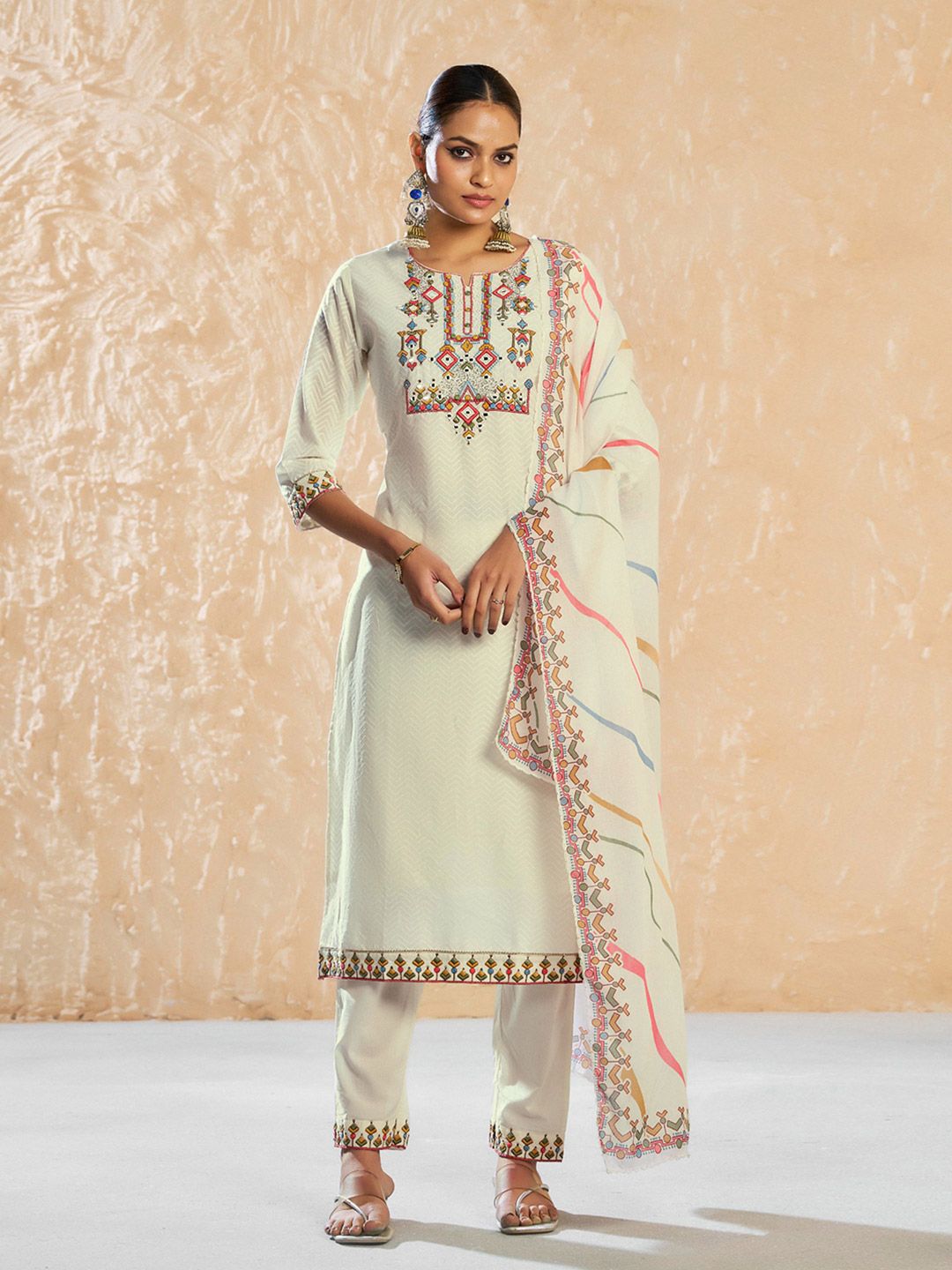 Dhiyona CH Women Floral Embroidered Mirror Work Pure Cotton Kurta with Trousers & Dupatta