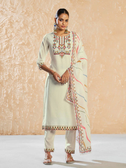 Dhiyona CH Women Floral Embroidered Mirror Work Pure Cotton Kurta with Trousers & Dupatta
