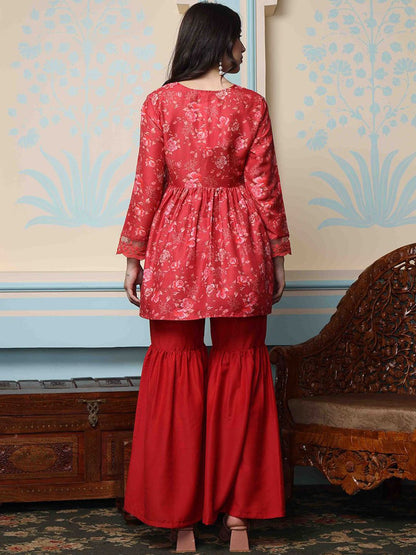 Dhiyona IS Women's Maroon Floral Printed V-Neck Gotta Patti A-Line Kurti With Sharara