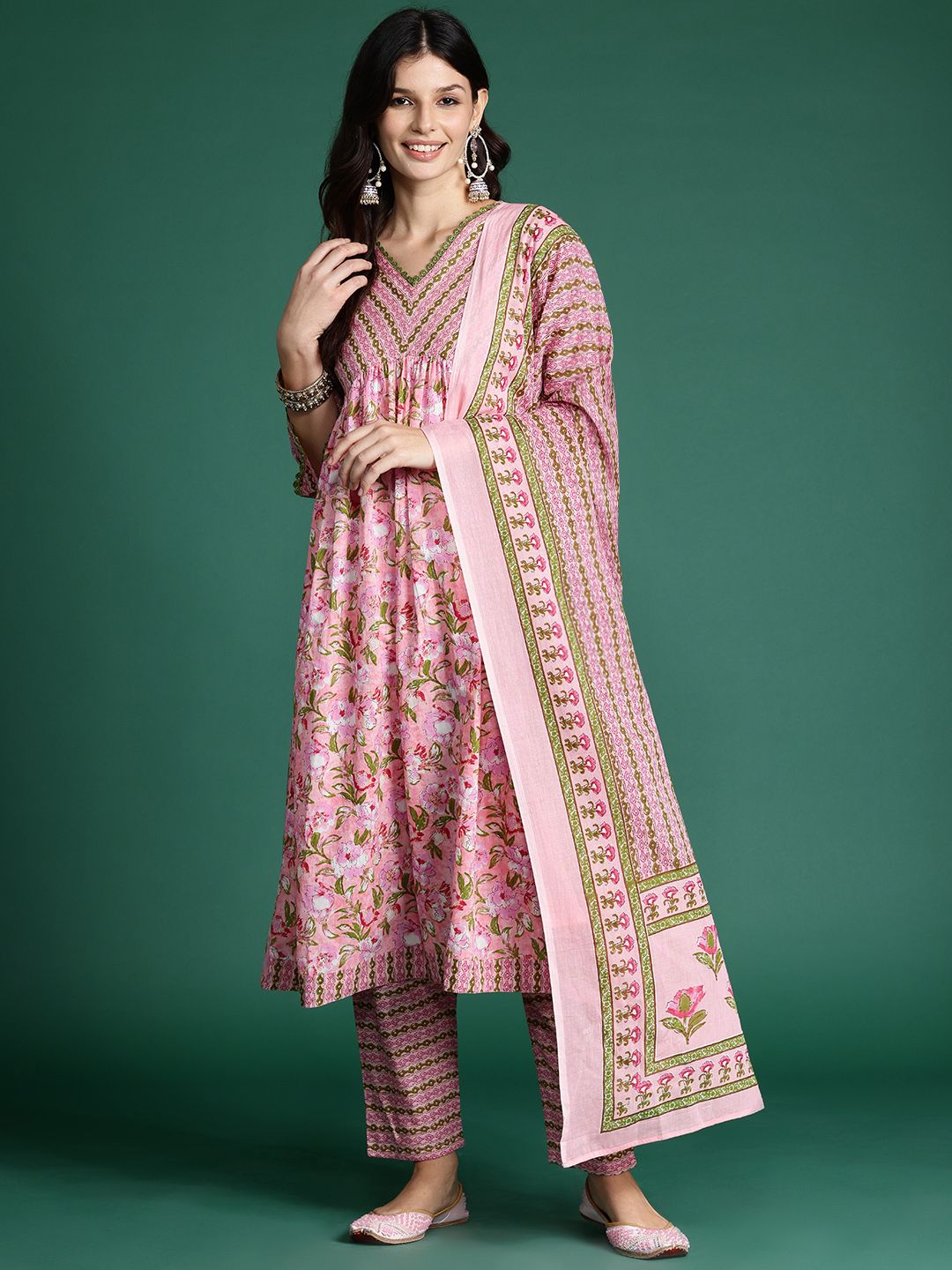 Dhiyona IE Floral Printed Empire Pure Cotton Kurta with Trousers & Dupatta