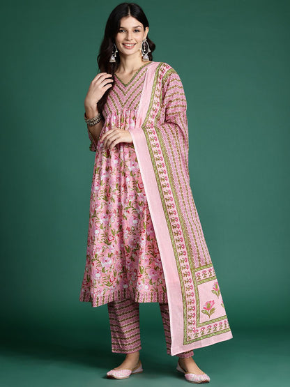 Dhiyona IE Floral Printed Empire Pure Cotton Kurta with Trousers & Dupatta