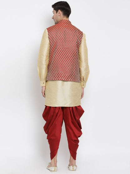 Men's Rose Gold Silk Blend Straight Jacket  Kurta and Dhoti Set