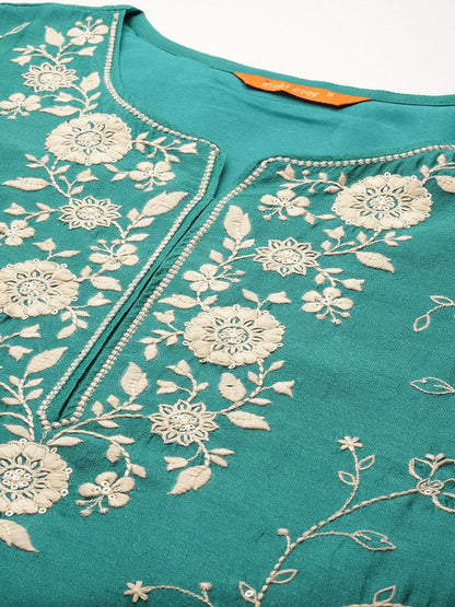Dhiyona IE Floral Embroidered Thread Work Kurta With Trousers & Dupatta