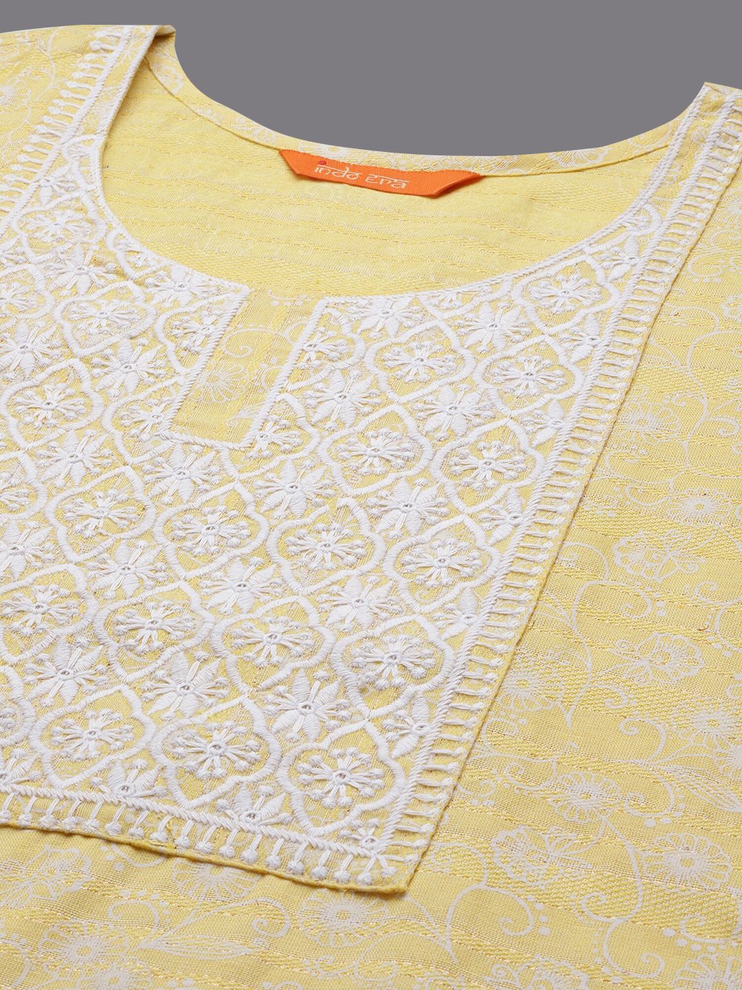 Yellow Floral Embroidered Thread Work Straight Kurta With Trousers & Dupatta