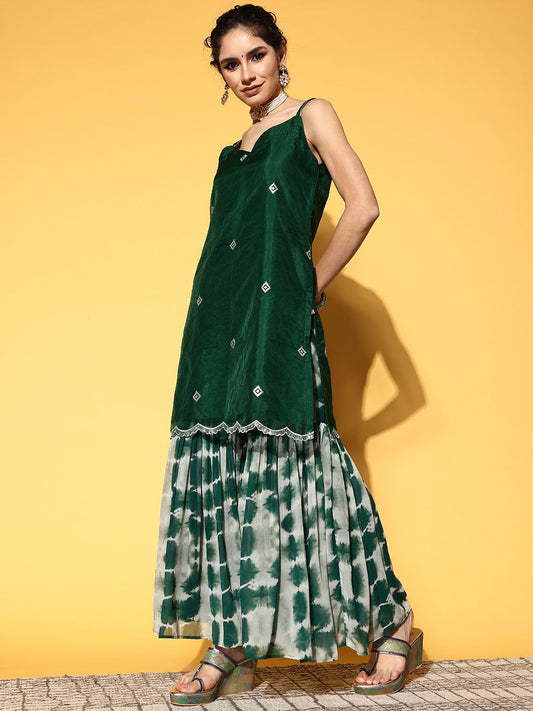 Dhiyona VA Women Green Embroidered Sequinned Kurta with Sharara & Dupatta