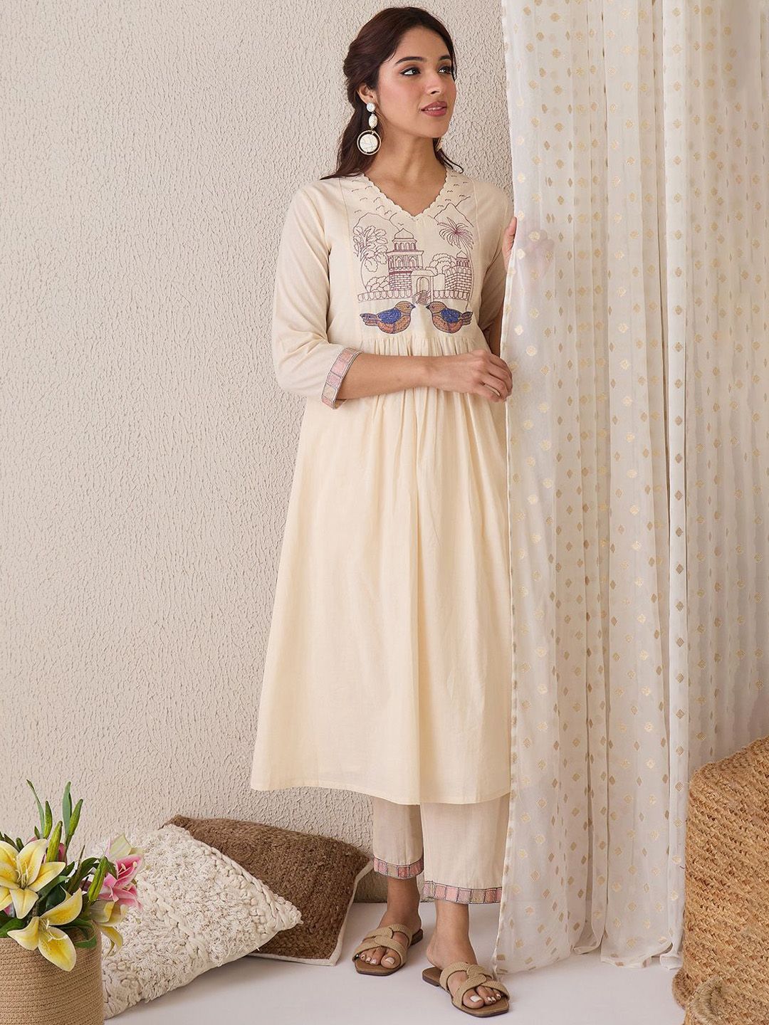 Dhiyona IE Embroidered V-Neck A-Line Top With Trousers Co-Ords