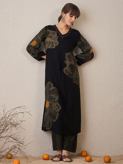 Floral Printed V-Neck Beads & Stones Straight Kurta With Trouser