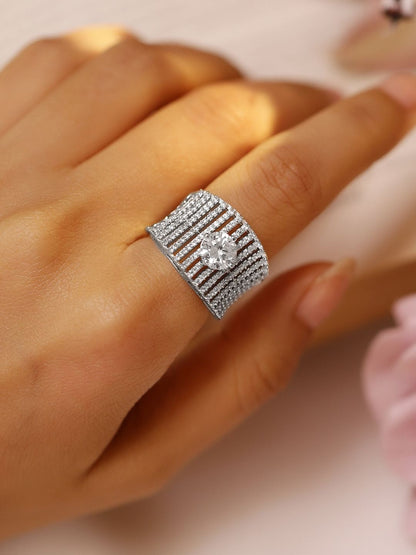 Dhiyona RJ Women's Silver Plated AD & Cubic Zirconia Studded Concave Adjustable Finger Ring