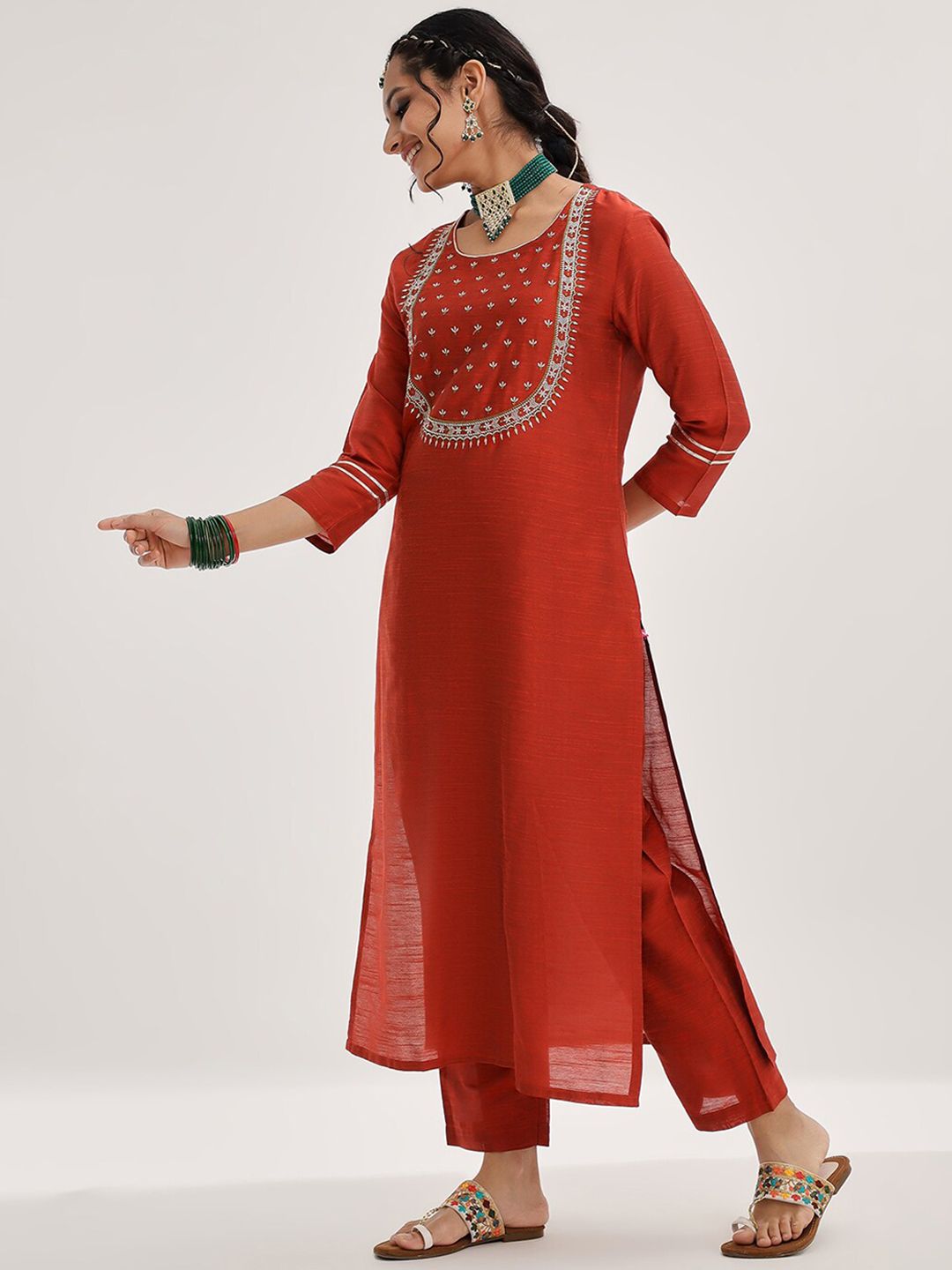 Dhiyona VA Women'sYoke Design Ethnic Motifs Straight Kurta & Trousers With Dupatta