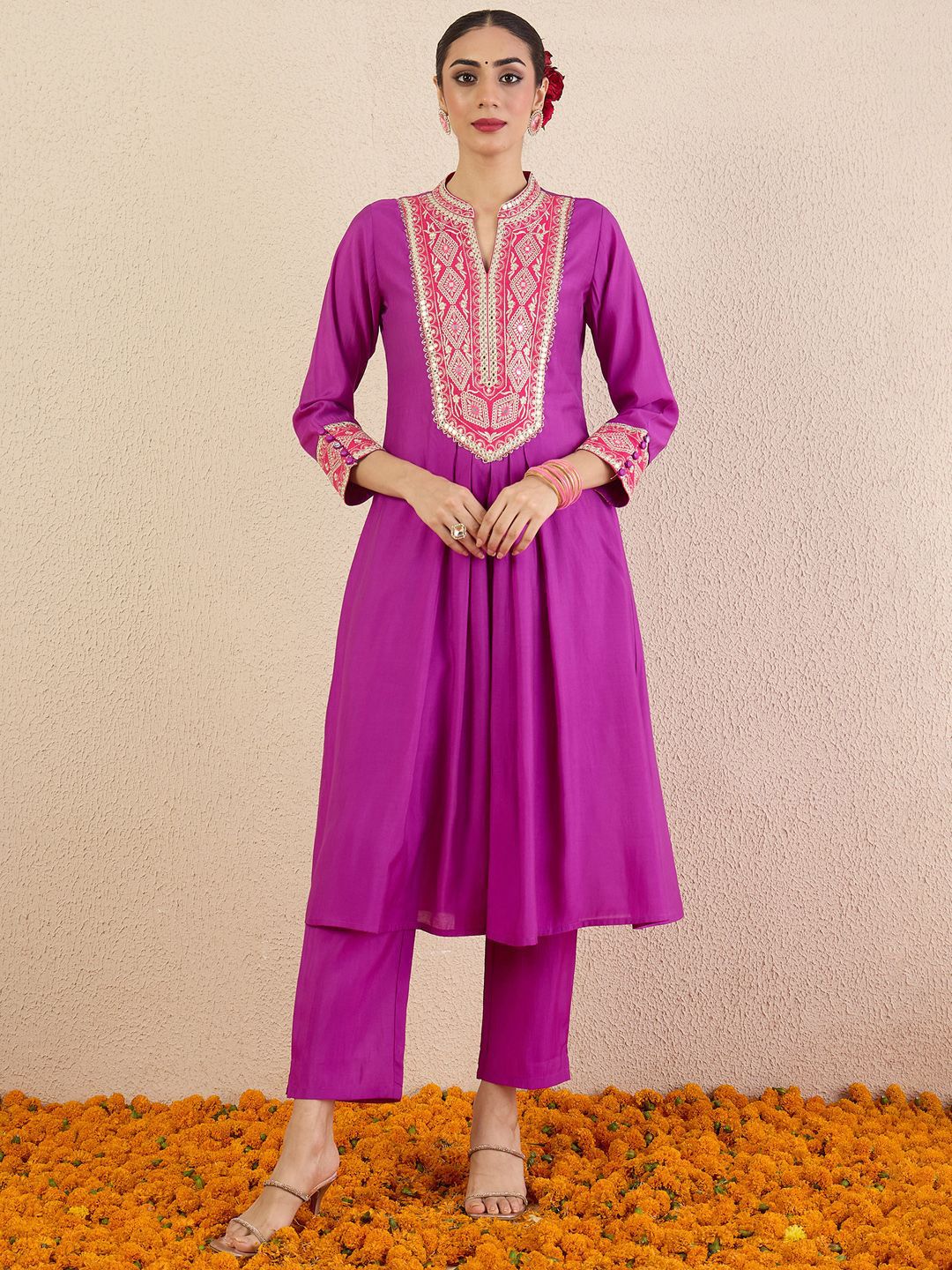 Women Solid Embroidered Kurta with Pyjama