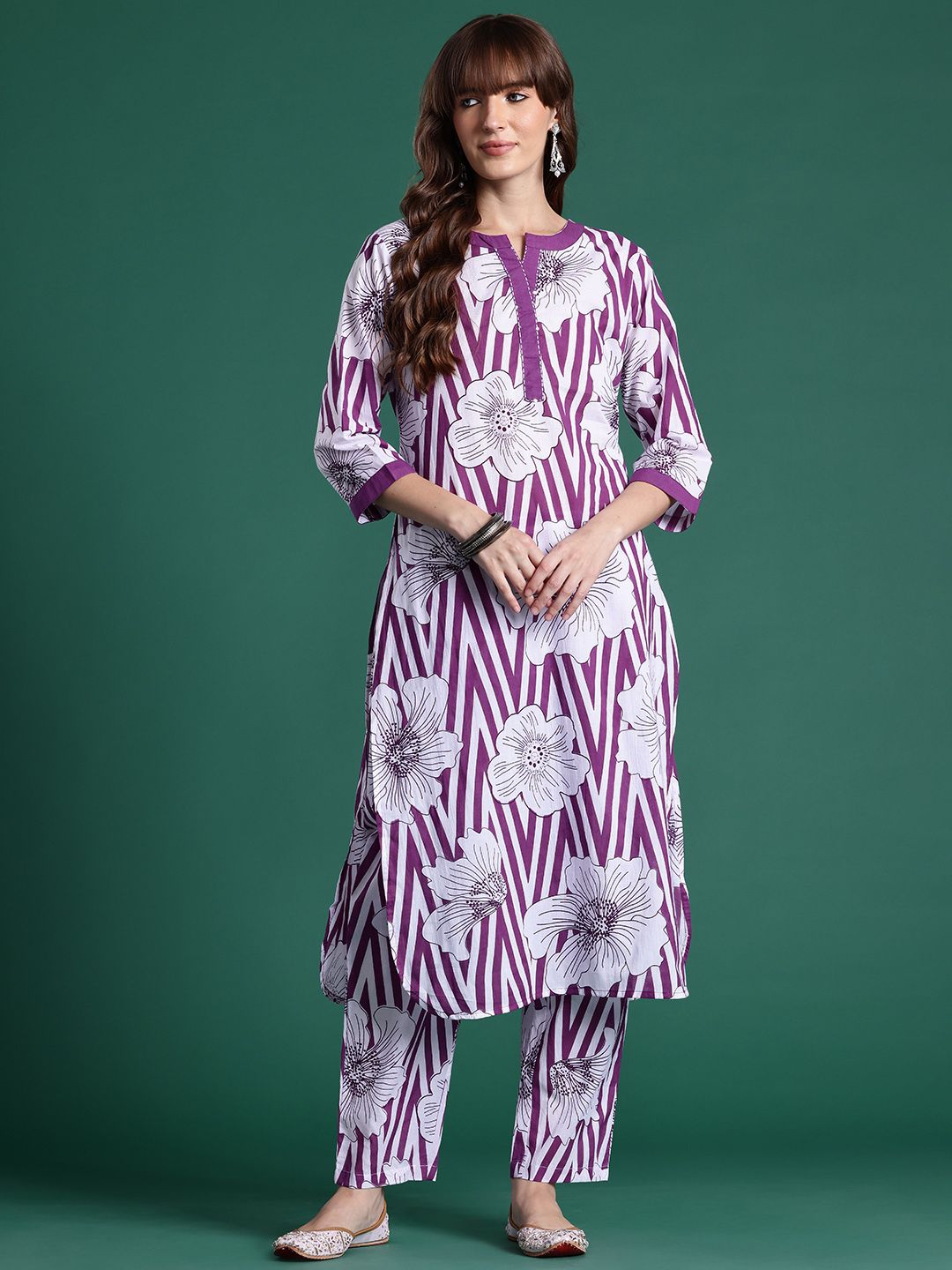 Floral Printed Regular Sequinned Pure Cotton Kurta with Trousers