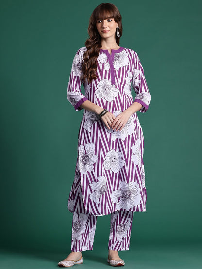 Floral Printed Regular Sequinned Pure Cotton Kurta with Trousers