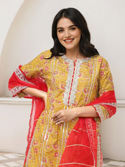 Dhiyona IS Women's Floral Printed Pure Cotton Anarkali Kurta With Sharara & Dupatta