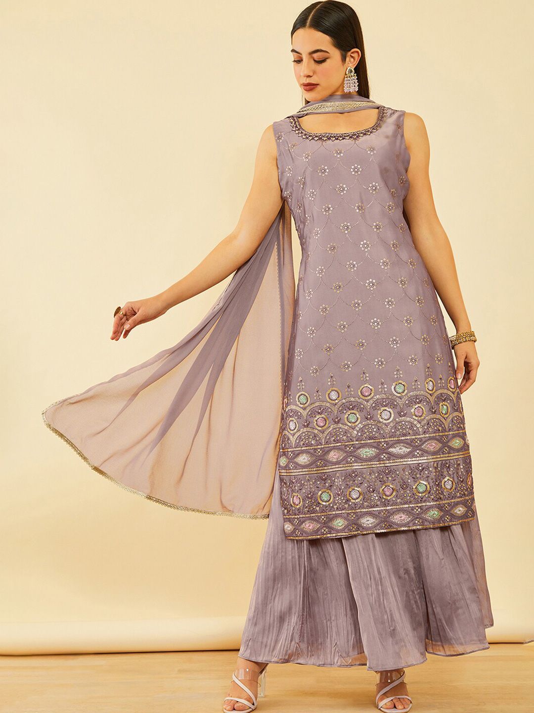Dhiyona SO Women's Floral Embroidered Regular Sequinned Kurta with Palazzos & Dupatta