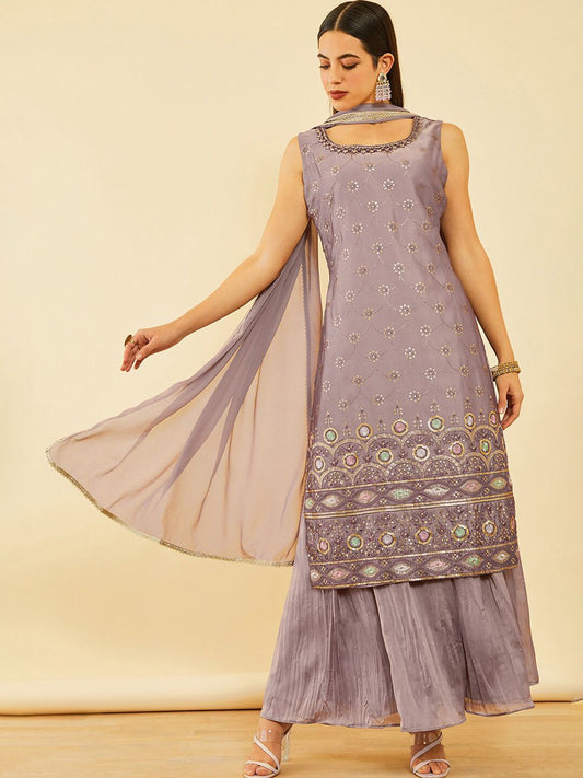Dhiyona SO Women's Floral Embroidered Regular Sequinned Kurta with Palazzos & Dupatta