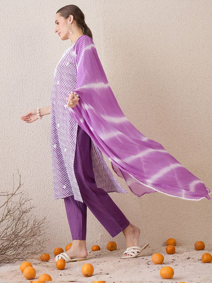 Dhiyona IE Floral Embroidered Round Neck Pure Cotton Straight Kurta With Trousers & Dupatta