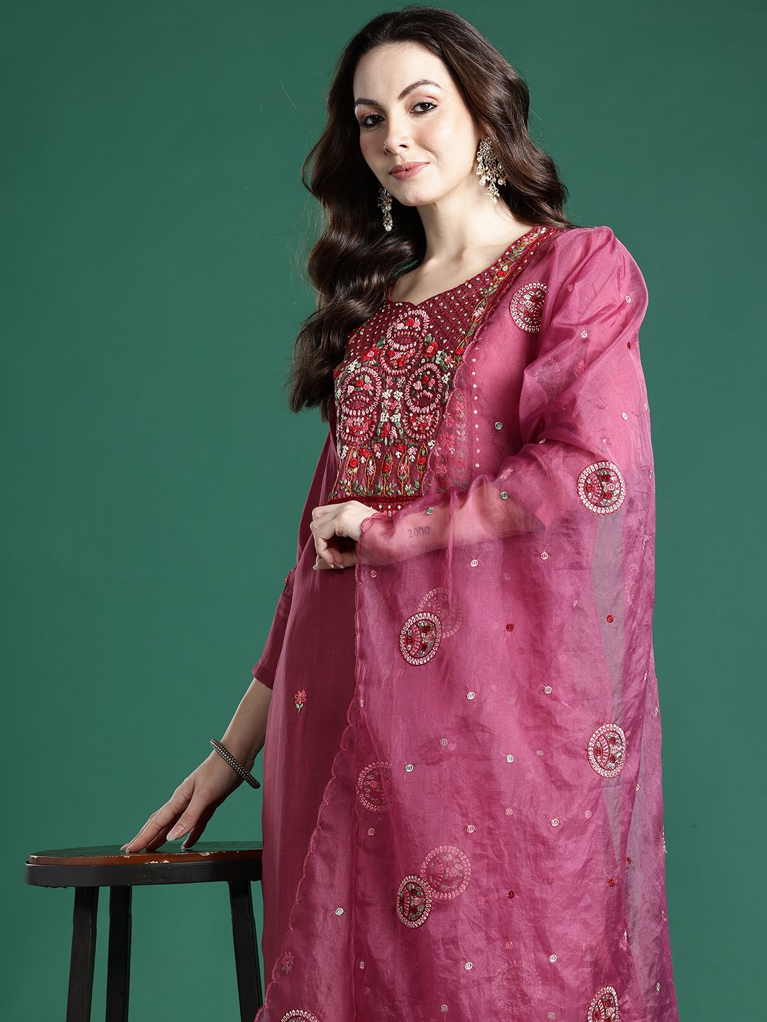 Dhiyona IE Floral Embroidered Kurta with Trousers & Dupatta