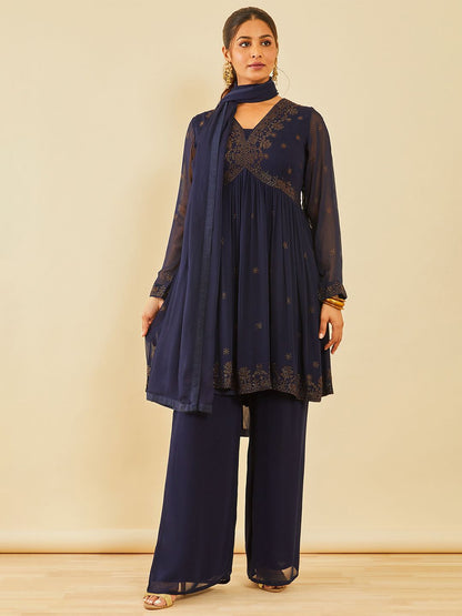 Dhiyona SO Women's Women Floral Embroidered Angrakha Beads and Stones Kurta with Palazzos & With Dupatta