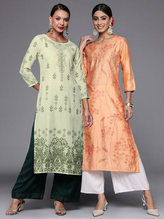 Dhiyona IE Pack Of 2 Ethnic Motifs Foil Printed Straight Kurta