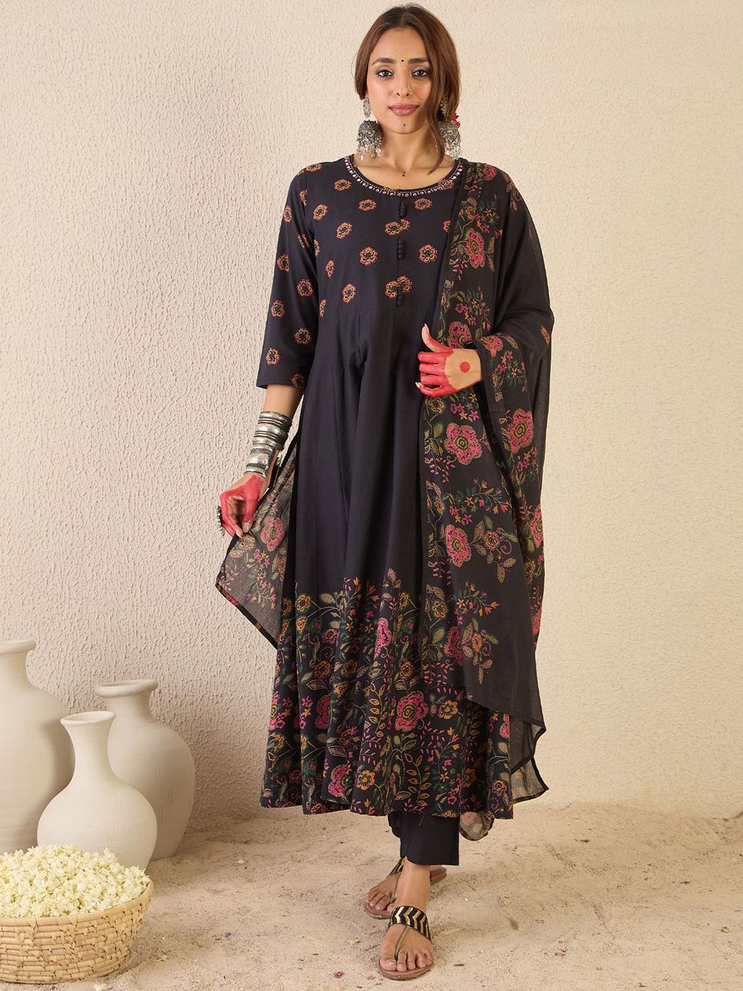 Floral Printed Round Neck Anarkali Pure Cotton Kurta With Trousers & With Dupatta