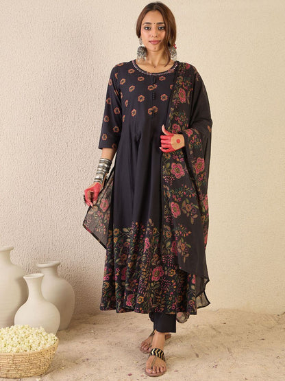 Floral Printed Round Neck Anarkali Pure Cotton Kurta With Trousers & With Dupatta