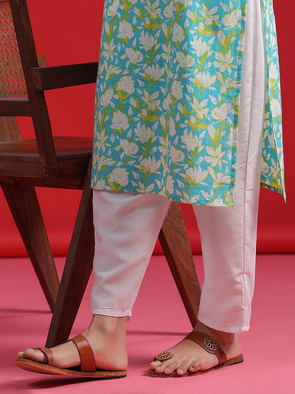Dhiyona IE Floral Printed Sweetheart Neck Sleeveless Pure Cotton Straight Kurta