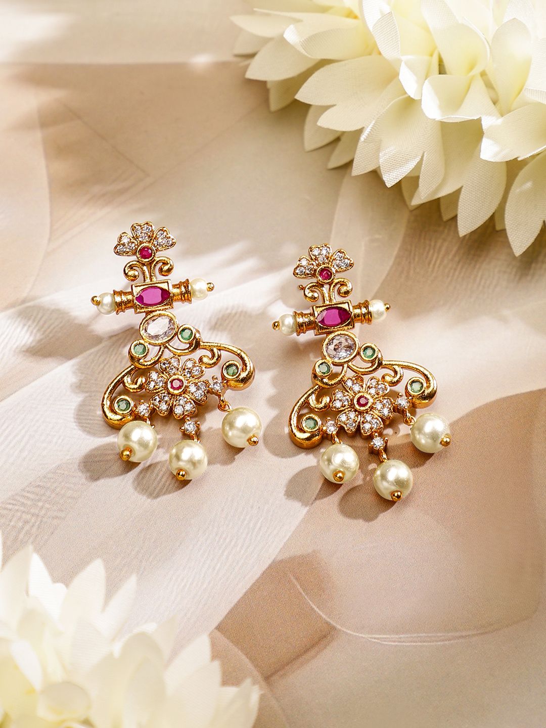Dhiyona RJ Women's 22K Gold Plated Ruby Pink, Emerald & Cubic Zirconia Studded Jewellery Set