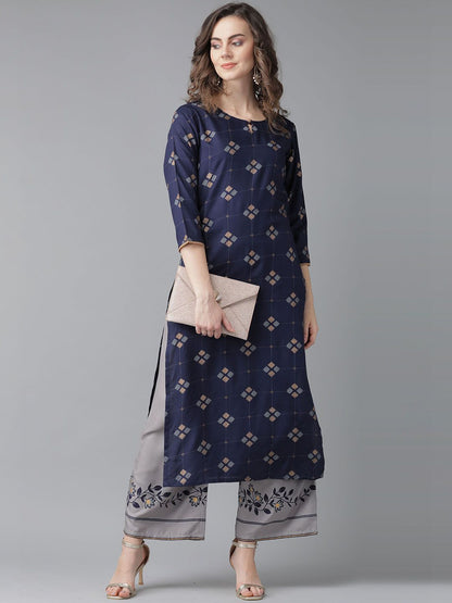 Dhiyona IE Women Navy Blue Floral Printed Thread Work Kurta