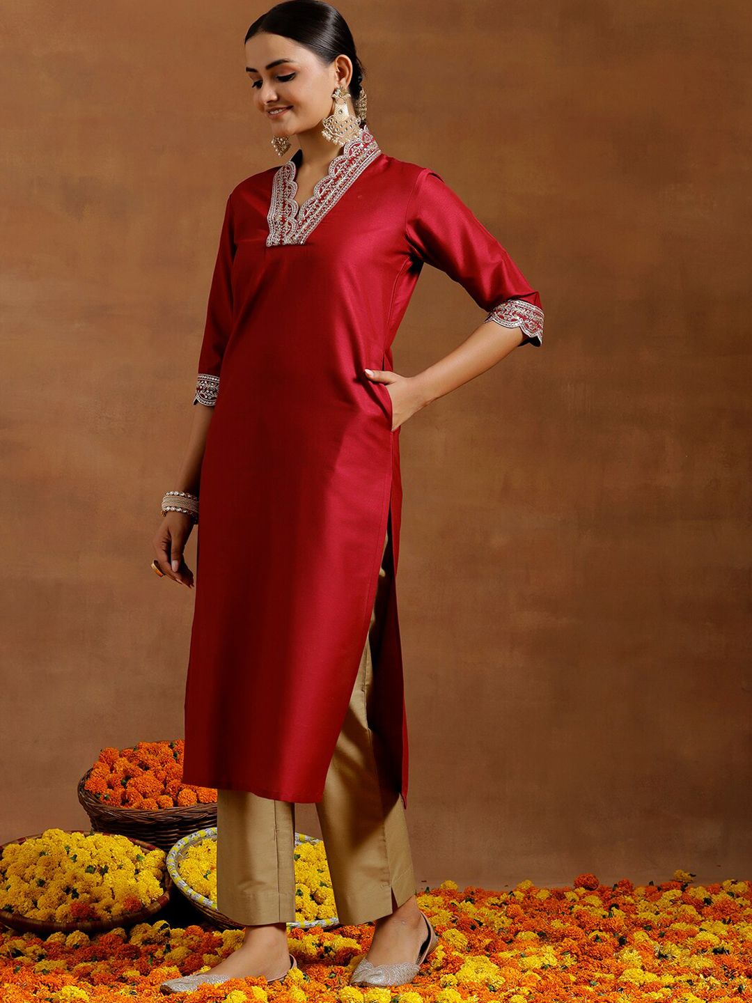 Dhiyona LB Women's Floral Yoke Design V-Neck Silk Thread Work A-Line Kurta