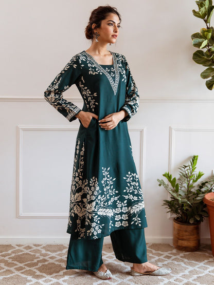 Dhiyona IS Women's Floral Printed V-Neck Three-Quarter Sleeves Regular Kurta With Palazzo