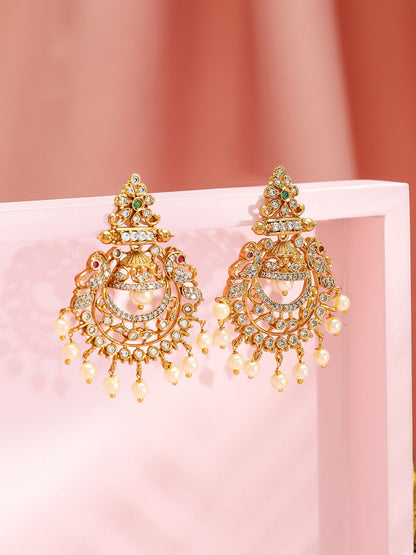 Dhiyona RJ Women's 18K Gold-Plated Emerald & Cubic Zirconia Studded Chandbali Earrings with Pearl Drop