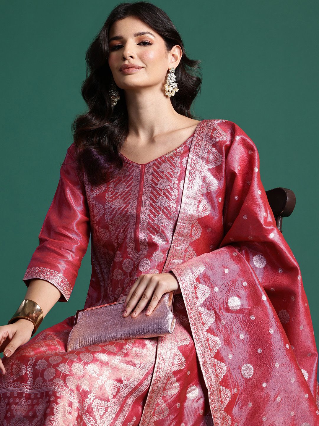 Dhiyona IE Women Ethnic Motifs Jacquard Zari Kurta with Trousers & With Dupatta