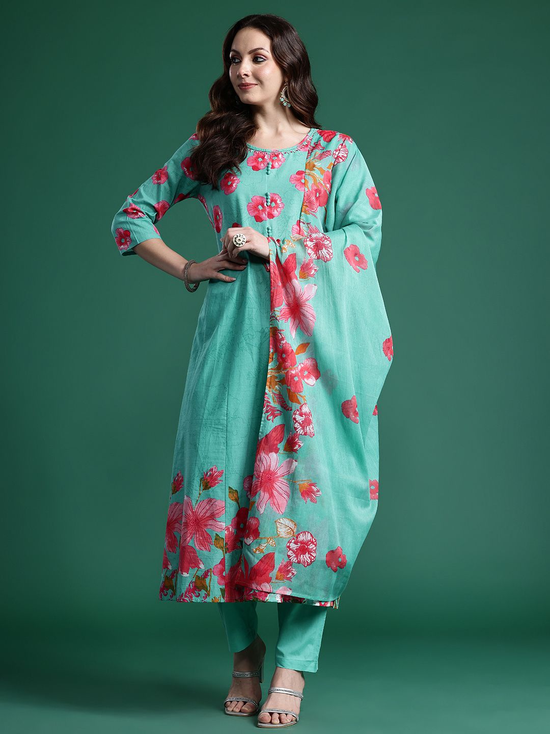 Floral Printed Pure Cotton Kurta with Trousers & Dupatta