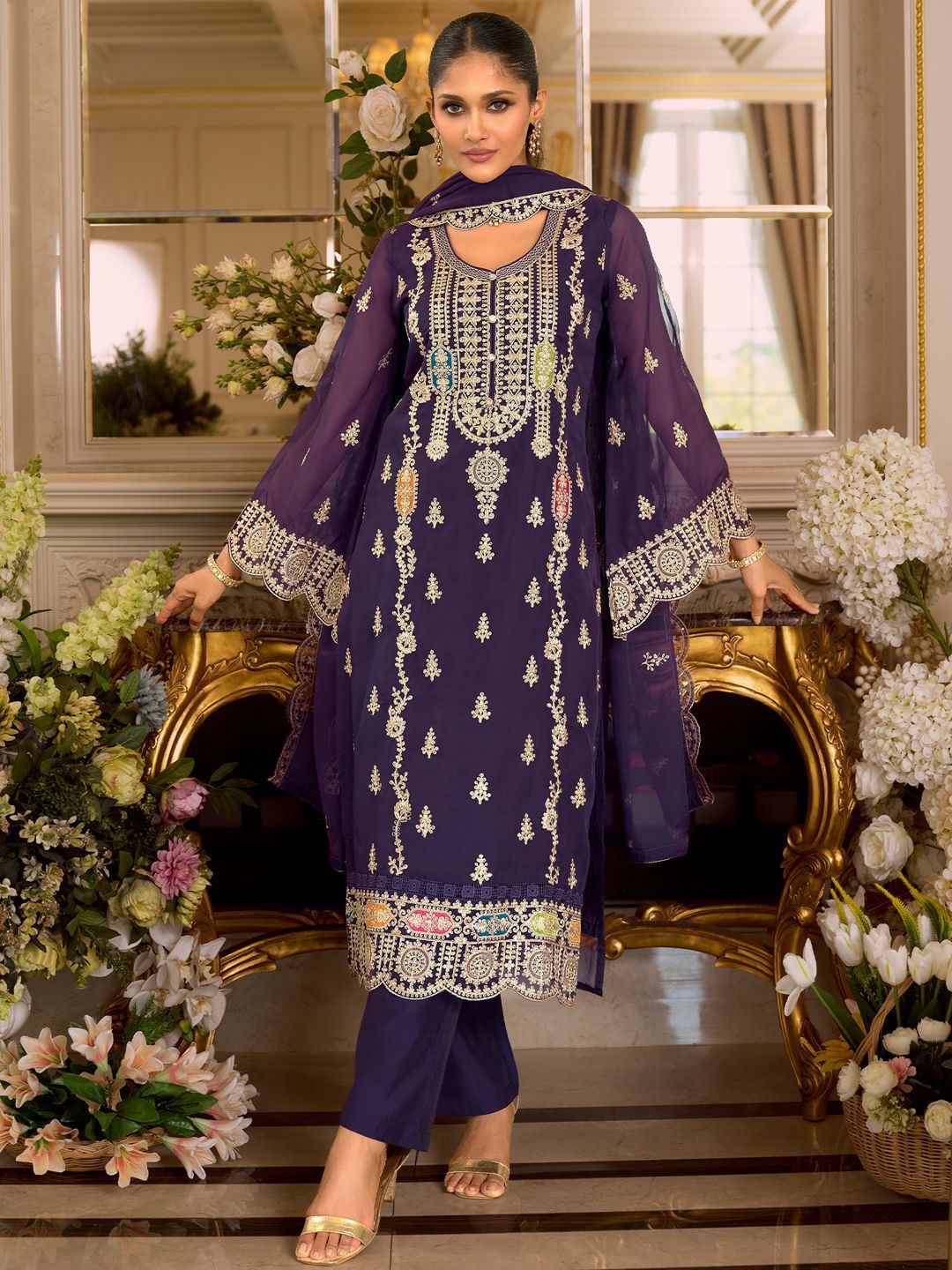 Dhiyona IE Women's Ethnic Motifs Embroidered Zari Organza Straight Kurta & Trousers With Dupatta