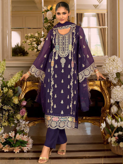 Dhiyona IE Women's Ethnic Motifs Embroidered Zari Organza Straight Kurta & Trousers With Dupatta