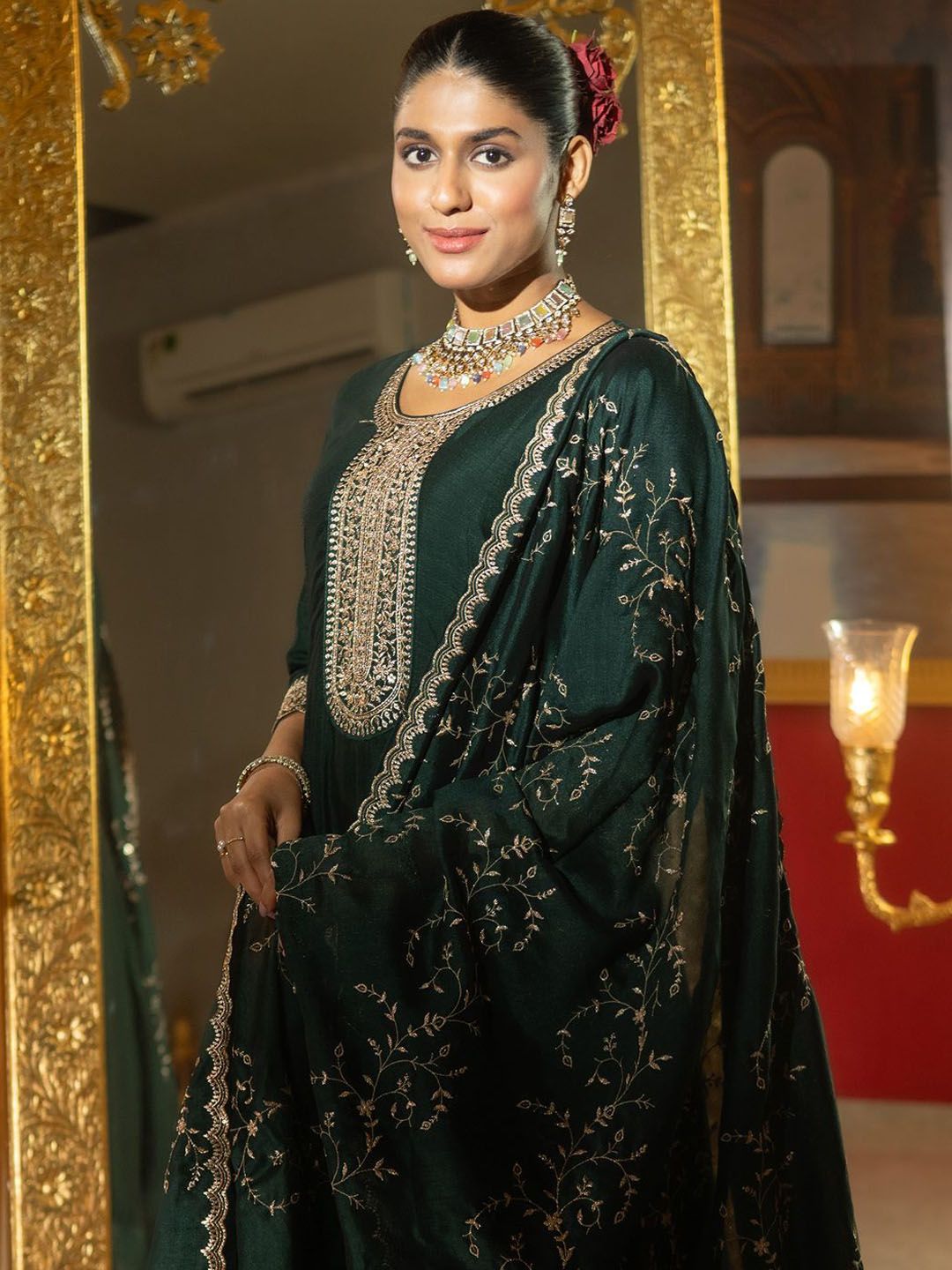 Ethnic Motifs Embroidered Regular Anarkali Kurta With Trousers & Dupatta